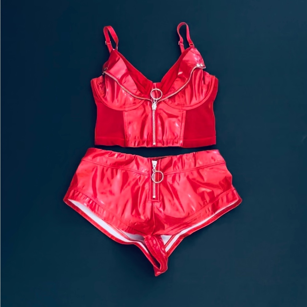 Red Corset Top. Red shiny shorts.